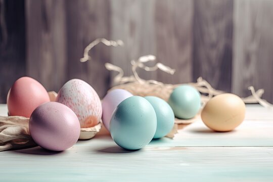 Easter eggs in pastel and color on a background with space for text. Generative AI