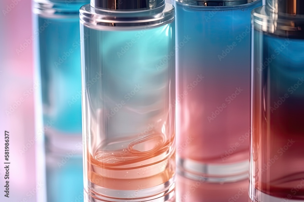 Canvas Prints Close up of serum's texture. Liquid gel background with a light blue and pink gradient. Sample of transparent skincare for beauty. Cosmetic liquid cream smudge in transparent form. a lengthy banner co