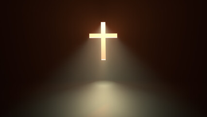 Shining cross on the wall with warm yellow rays of light - 3D illustration