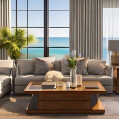 A coastal living room with a light and airy feeling2, Generative AI