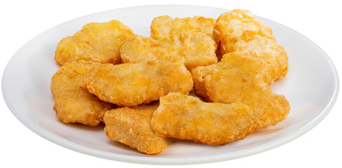 Fried chicken nugget on white plate, Fried nugget png file.