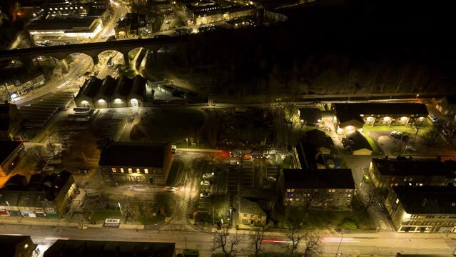 stunning hyperlapse of a quiet town in north west Yorkshire called todmorden , this hyperlapse shows night time traffic and the passing trains over the viaduct , filmed at night with longer shutter 