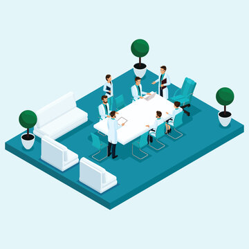 Set Trendy Isometric People. Medical Staff, Hospital, Doctor, Surgeon, Nurse, Communication, Meeting, Council, Meeting In The Office Isolated On A Light Background. Vector Illustration