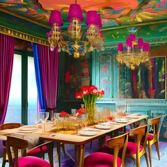 Dining room with a whimsical design and colorful decor2, Generative AI