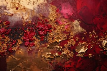 Textured beautiful deep red color shades and gold foil background with Generative AI