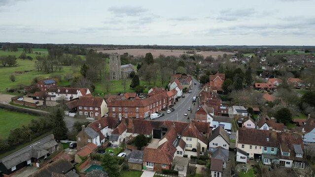 Hatfield Broad Oak village Essex UK pull back Drone, Aerial reveal