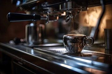 A little cup of freshly made coffee is presented by an Italian espresso machine on the counter of a restaurant. Generative AI