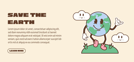 Web banner for Happy Earth Day. Slide or landing page layout with illustration concept of sustainability or environmental protection. Vintage nostalgia cartoon planet mascot. Retro vector illustration