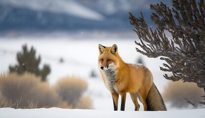 a red fox standing in the snow next to a tree