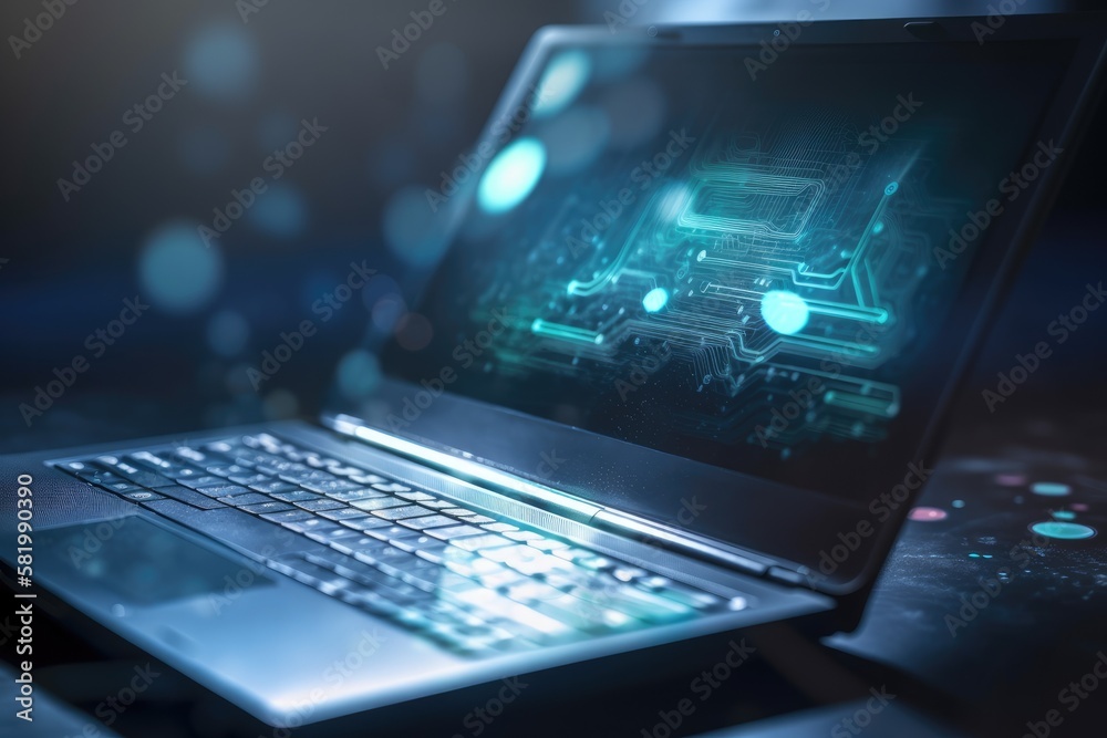 Poster close up of a laptop with a hazy background and an abstract, glowing seo interface. coding and searc