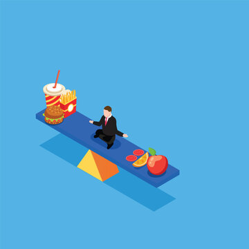 Man balancing between junk food and healthy food 3d isometric vector illustration concept for banner, website, landing page, ads, flyer template