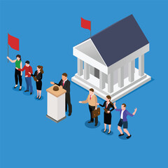 Minister speaking before audience at parliament government building 3d isometric vector illustration concept for banner, website, landing page, ads, flyer template - obrazy, fototapety, plakaty