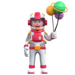 3d rendering -  cartoon astronaut holding a planet balloon