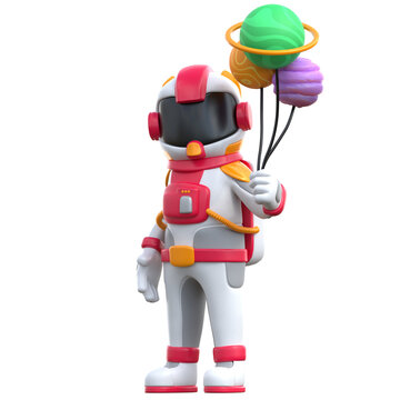 3d rendering -  cartoon astronaut holding a planet balloon