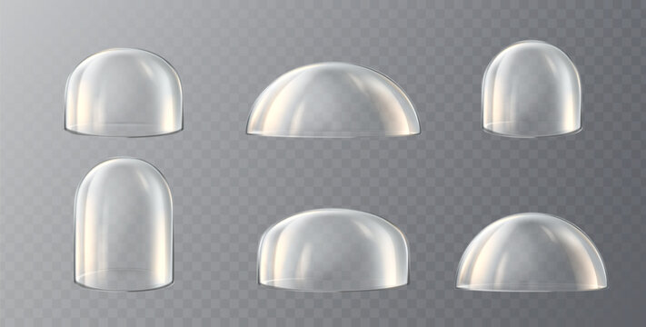 Collection of glass domes. 3d realistic vector icon.  Transparent protective cover. Snow globe or kitchen glassware.