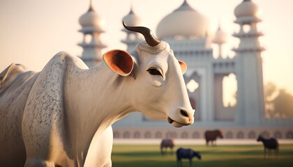 cows in mosque courtyard meadow with islamic scene sunrise, Generative AI