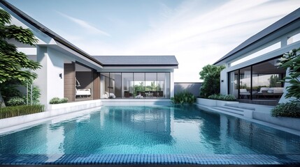Obraz premium exterior of a modern country house with large windows and a swimming pool, generative AI