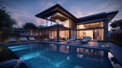 Fototapeta premium exterior of a modern country house with large windows and a swimming pool, generative AI