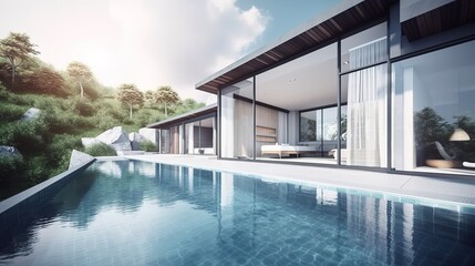 exterior of a modern country house with large windows and a swimming pool, generative AI