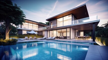 Fototapeta premium exterior of a modern country house with large windows and a swimming pool, generative AI