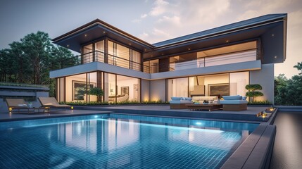 Fototapeta premium exterior of a modern country house with large windows and a swimming pool, generative AI
