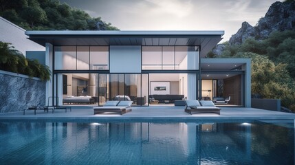 Fototapeta premium exterior of a modern country house with large windows and a swimming pool, generative AI
