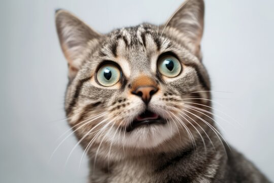 A picture of a perplexed cat close up of a Scottish straight person on a white background. Generative AI