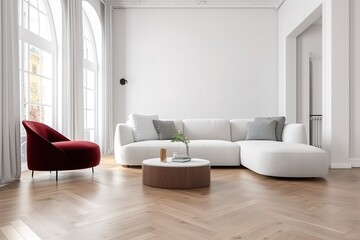 modern bright interior with white walls, sofa and wooden floor, generative AI