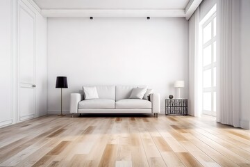 modern bright interior with white walls, sofa and wooden floor, generative AI