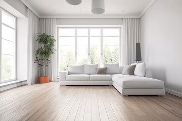 Fototapeta na wymiar modern bright interior with white walls, sofa and wooden floor, generative AI