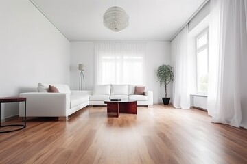 modern bright interior with white walls, sofa and wooden floor, generative AI