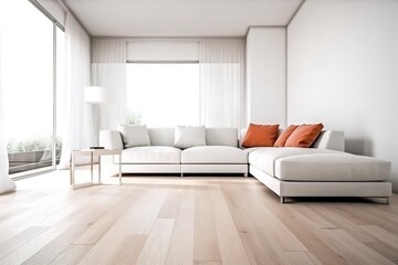 modern bright interior with white walls, sofa and wooden floor, generative AI