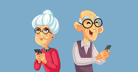 Elderly Couple Holding Smartphones Checking the Internet Vector Cartoon. Grandma and grandpa using smartphones and the internet chatting on social media
