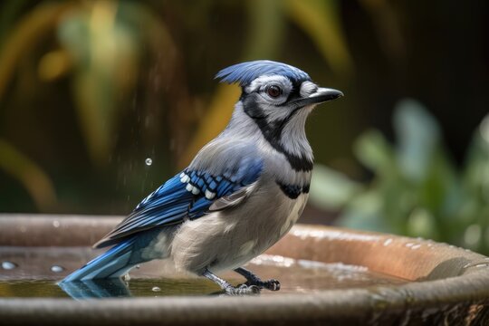 Beautiful blue jay bird getting ready to take a drink from a fountain. The blue jay is native to North America and is one of the loudest and most colorful birds in back yards. Generative AI