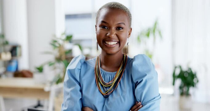 Face, arms crossed and business smile of black woman in office with pride for career or job. Portrait, professional and happy, confident or funny female entrepreneur from Nigeria with success mindset