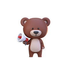 3d rendering of cute bear character holding megaphone marketing illustration
