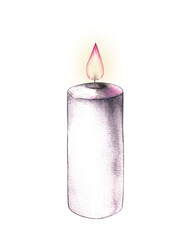 Watercolor white burning candle on a white background