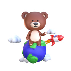 3d rendering of a cute bear sitting on a planet and a rocket passing by illustration