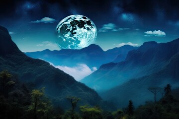 Beautiful landscape with mountains silhouetted in blue mist against a super blue moon, with NASA provided elements. Generative AI