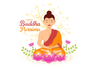 Obraz na płótnie Canvas Happy Buddha Purnima Illustration with Vesak Day or Indian Festival to Spiritual in Flat Cartoon Hand Drawn for Web Banner or Landing Page Templates