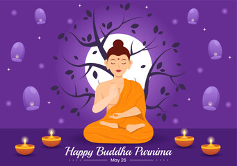 Happy Buddha Purnima Illustration with Vesak Day or Indian Festival to Spiritual in Flat Cartoon Hand Drawn for Web Banner or Landing Page Templates