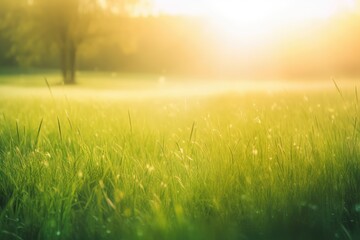 Fototapeta na wymiar Background of a lovely spring landscape. Grass with a foggy backdrop that has been brightened by the early sun. field at sunrise in spring. Generative AI
