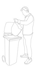 One continuous line of man with garbage bin. Thin Line Illustration vector concept. Contour Drawing Creative ideas.
