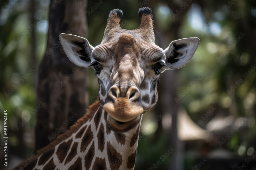 Wall mural a close up of a giraffe with an odd, amusing face. Generative AI