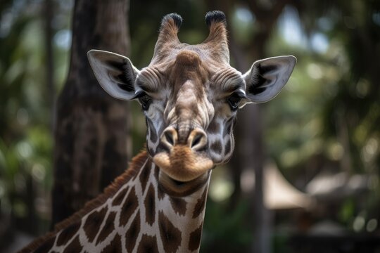 a close up of a giraffe with an odd, amusing face. Generative AI