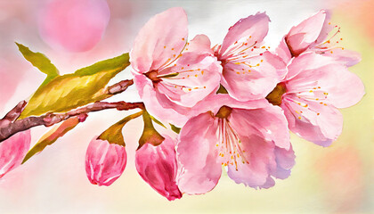 Water color Pink cherry blossom of Spring, Close-up with Generative AI Technology