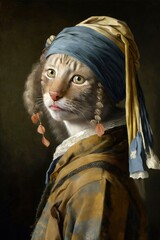 Kitty with a Pearl Earring: A American Curl cat Animal Fashionable Twist on a Classic Portrait, Girl with a Pearl Earring (generative AI)