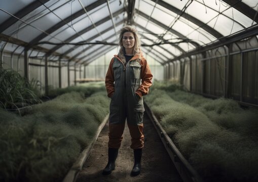 Portrait of a young woman farmer in a greenhouse. Concept of regenerative farming. Generative AI.