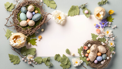 Fototapeta na wymiar easter eggs and nest background with spring flowers, Easter Background