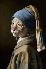 Kitty with a Pearl Earring: A Devon Rex cat Animal Fashionable Twist on a Classic Portrait, Girl with a Pearl Earring (generative AI)